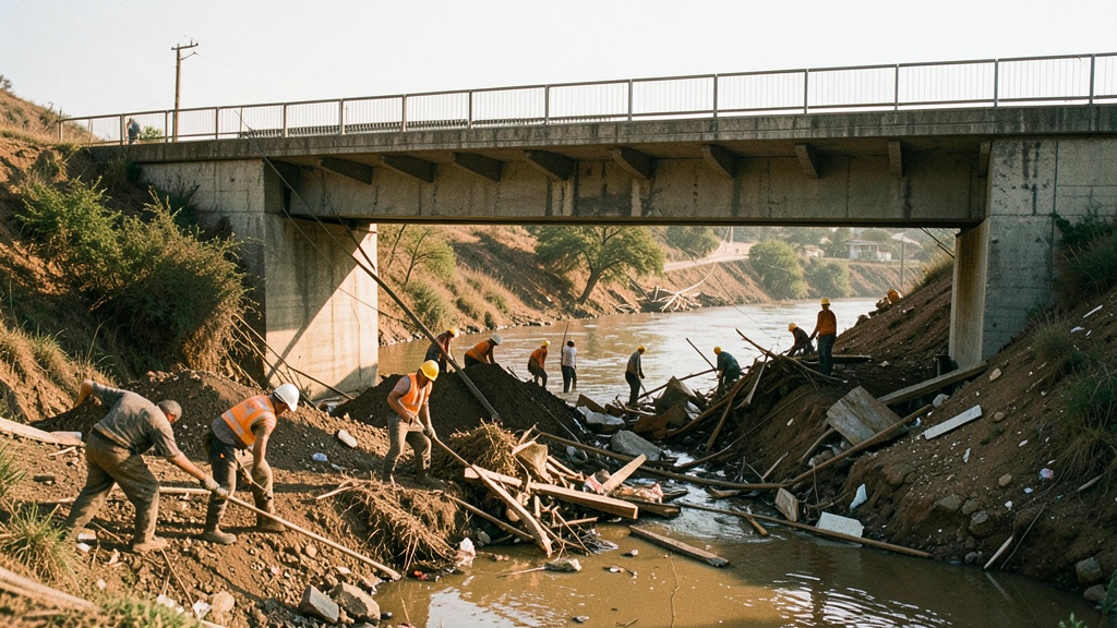 Limpieza bajo el Puente Principal de Jujan para evitar inundaciones