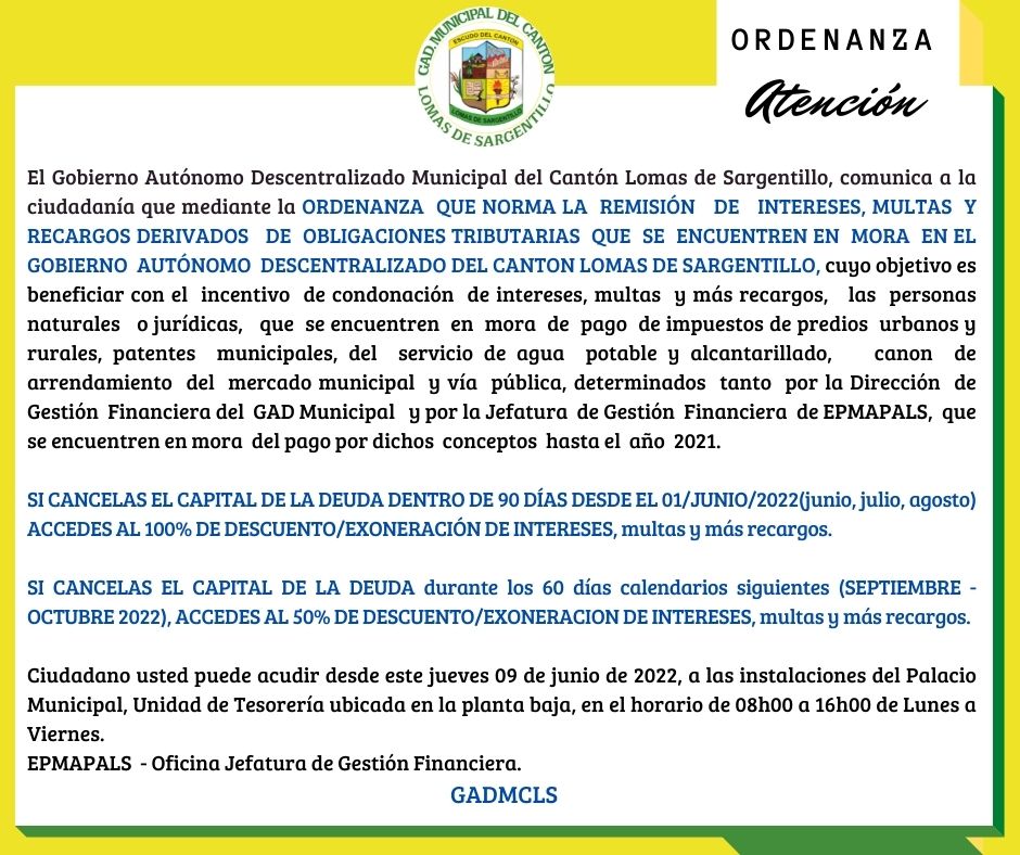 Lomas de Sargentillo fija reglas para cobro de intereses y multas tributarias