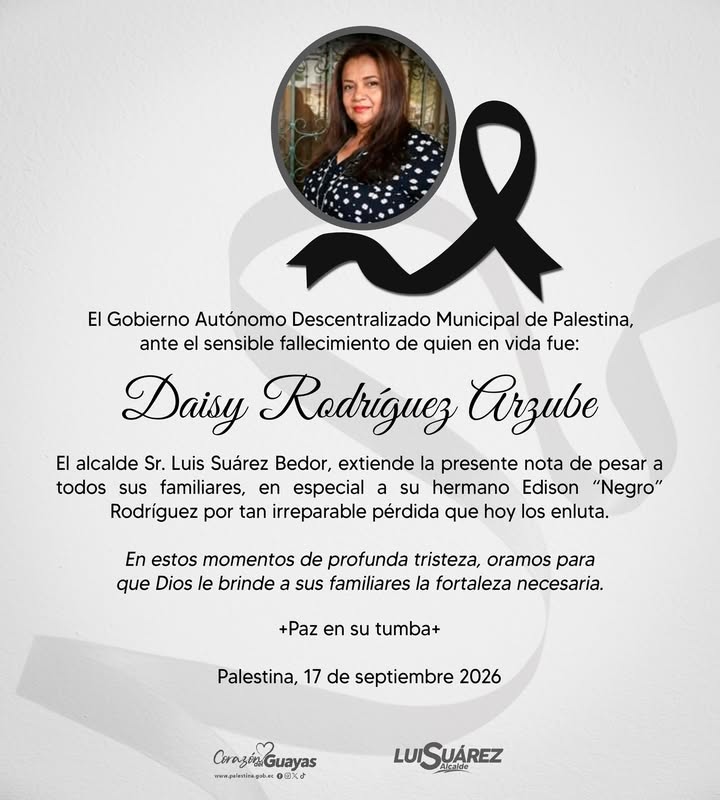 Alcaldía de Palestina lamenta el fallecimiento de Daisy Rodríguez Arzube