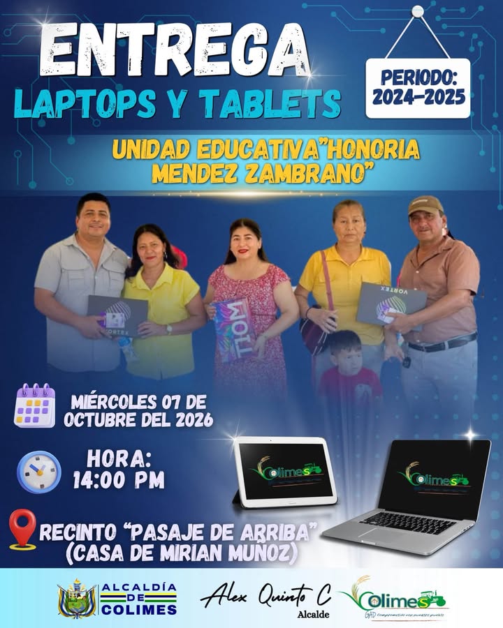 Entrega de laptops y tablets a bachilleres de Colimes inicia el 7 de octubre
